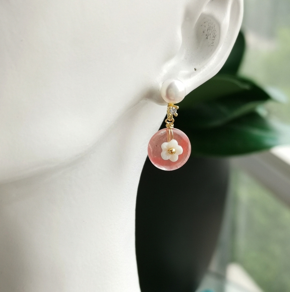 White Freshwater Pearl Rhodochrosite Carved Mother of Pearl Earrings 🆕